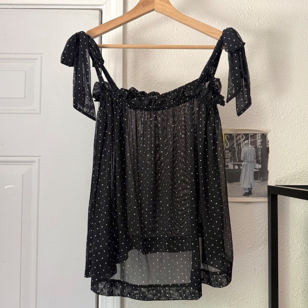 LE PETIT TROU black sheer knit dot metallic sleeveless cropped tank top